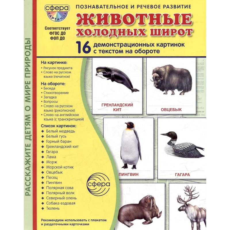 Животные холодных широт. Учебное издание (16 демонстрационных картинок с текстом)